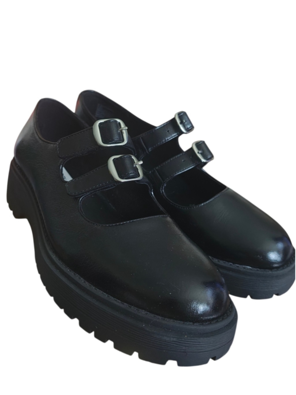 Steve Madden Alba Black Leather Mary Janes Silver Buckles Womens Size 8.5